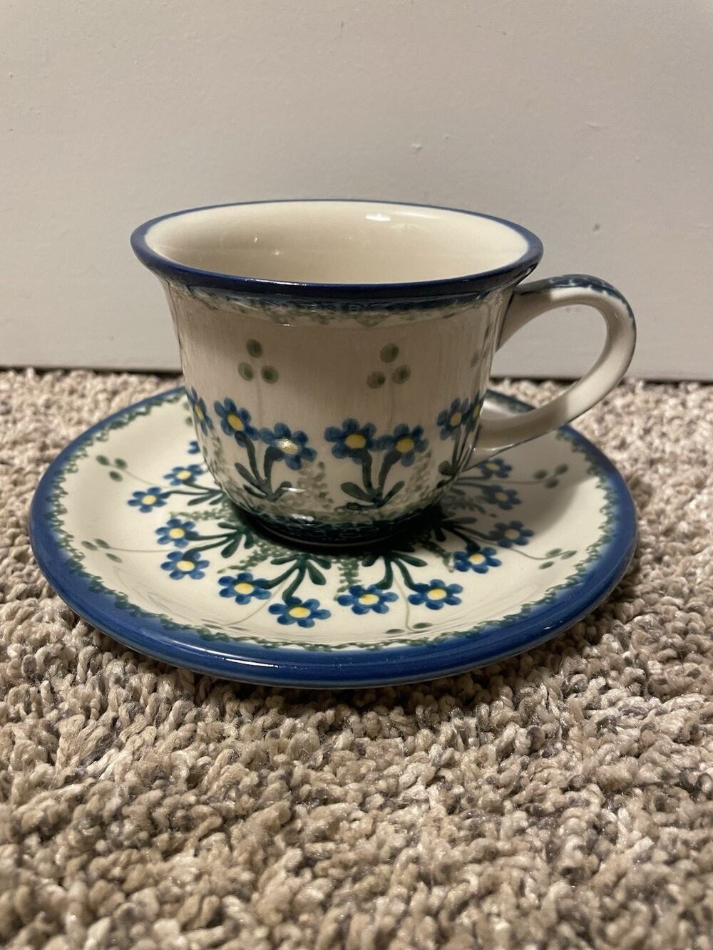 Boleslawiec Polish Pottery Blue Daisy Tea Coffee Cup Saucer Poland